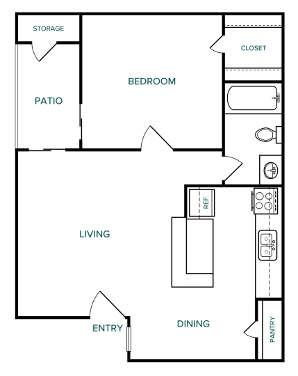 Melville A1 floorplan featuring 1 bedroom, 1 bathroom, 550 square feet, with a private patio and storage area.