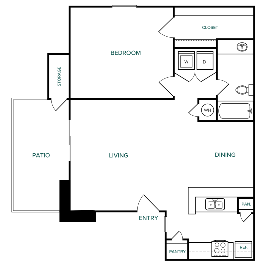 Melville A2 floorplan with 1 bedroom, 1 bathroom, 650 square feet, including a large living area and private patio.