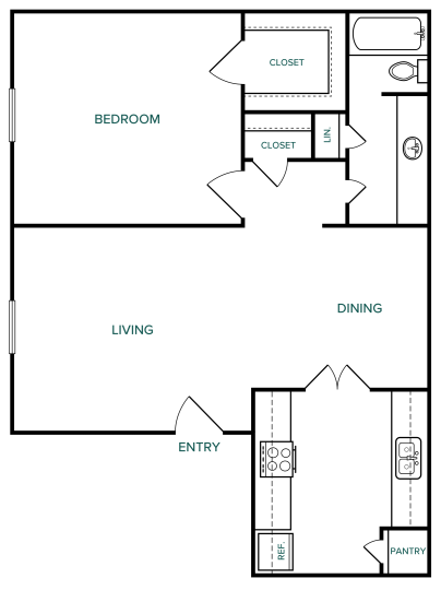 Melville A3 floorplan featuring 1 bedroom, 1 bathroom, and 660 square feet, with a large living/dining area and extra closet space.