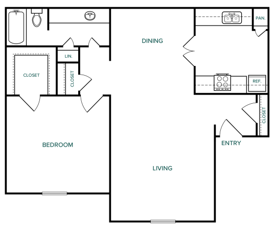 Melville A4 floorplan featuring 1 bedroom, 1 bathroom, and 721 square feet, with a spacious living room and dining area.