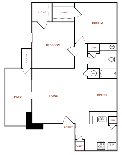 Melville B1 floorplan featuring 2 bedrooms, 1 bathroom, and 820 square feet, with a private patio and large living/dining area.