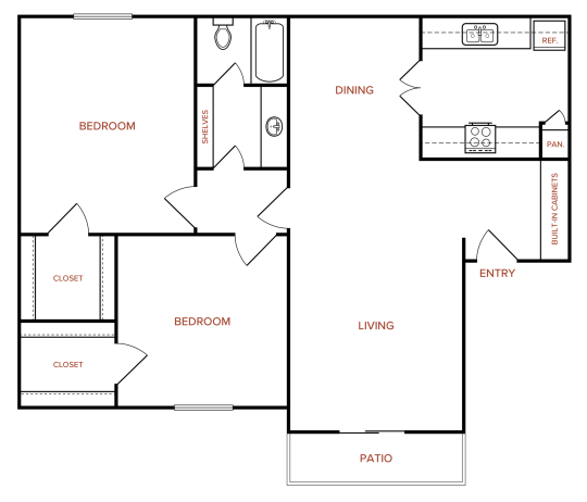 Melville B2 floorplan featuring 2 bedrooms, 1 bathroom, and 900 square feet, with a large living area and private patio.