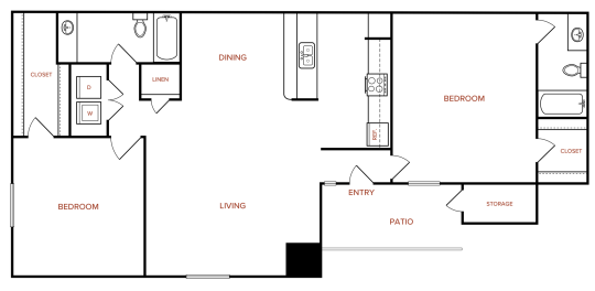 Melville B3 floorplan featuring 2 bedrooms, 2 bathrooms, and 950 square feet, with a spacious living/dining area and private patio.