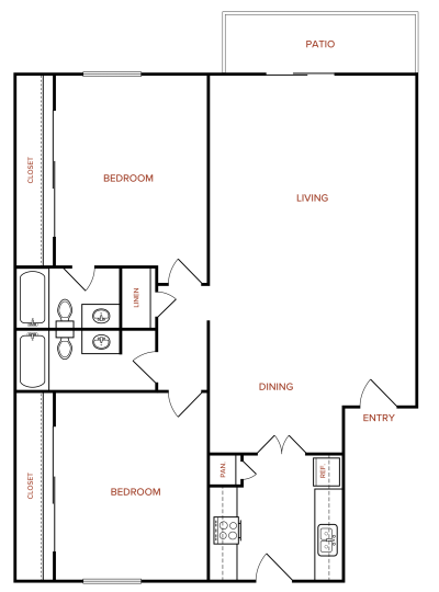 Melville B4 floorplan featuring 2 bedrooms, 2 bathrooms, and 978 square feet, with a spacious living/dining area and private patio.