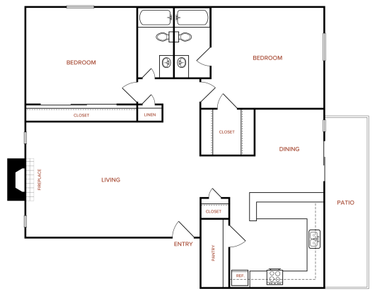 Melville B5 floorplan featuring 2 bedrooms, 2 bathrooms, and 1,029 square feet, with a spacious living room and a private patio.