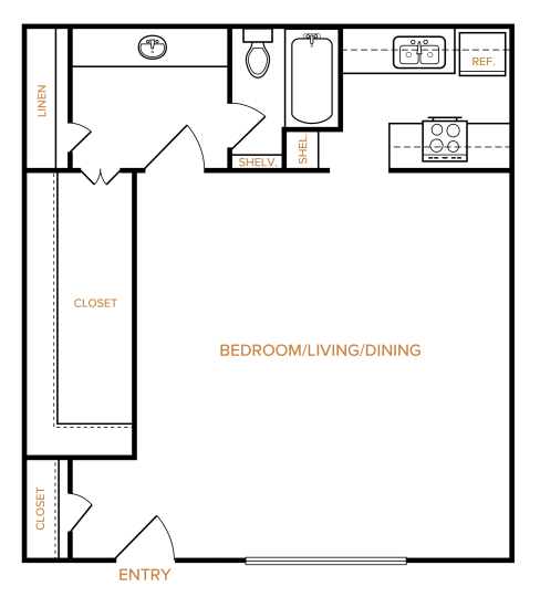 Melville E1 floorplan featuring a studio layout with 1 bathroom, 529 square feet, and an open living/dining area.